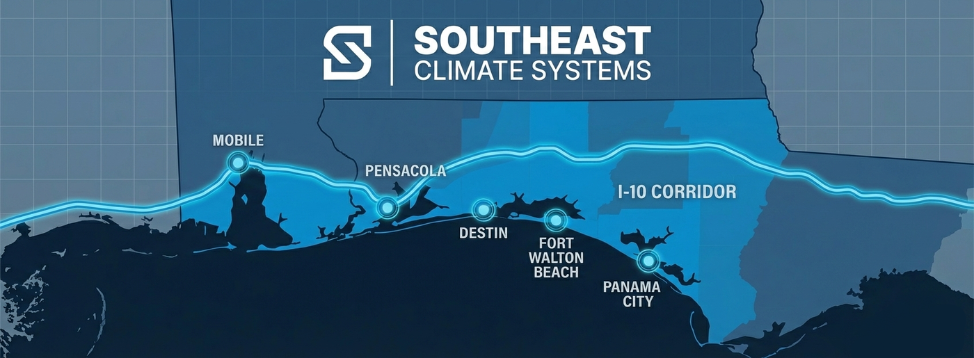 Map showing Southeast Climate Systems service area along the Gulf Coast, highlighting the I-10 corridor and key cities including Mobile, Pensacola, Destin, Fort Walton Beach, and Panama City.